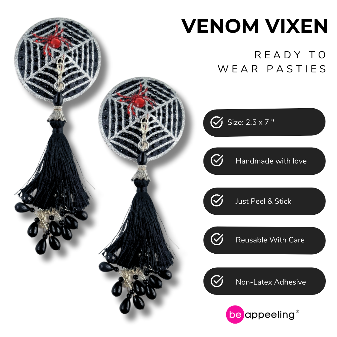 VENOM VIXEN Black and Silver Web with Red Crystal Spider Nipple Pasty, Nipple Cover (2pcs) with either black or red Beaded Tassels