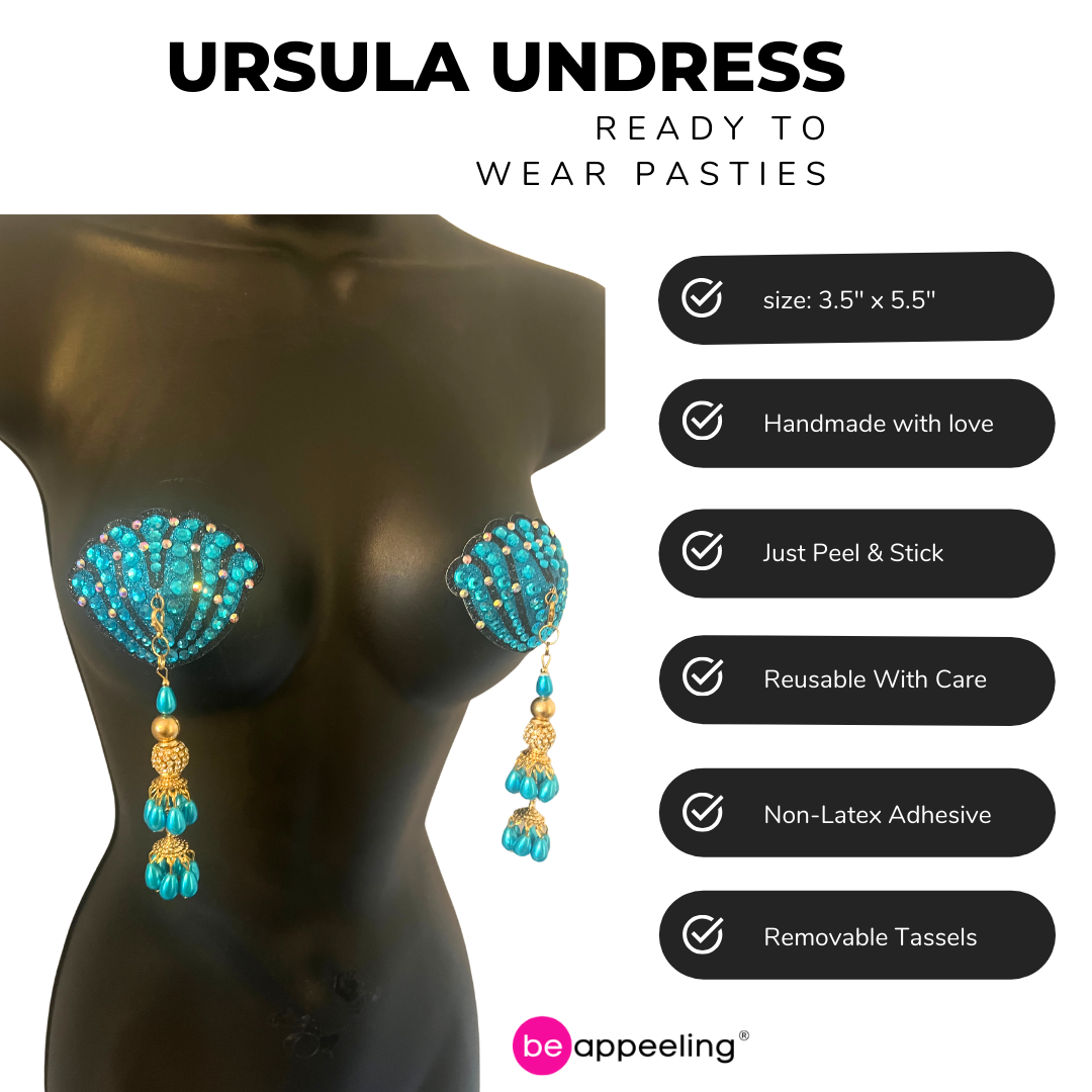 URSULA UNDRESS Turquoise et Noir, Cache-tétons réutilisables, Pâteux (2pcs) avec pompons