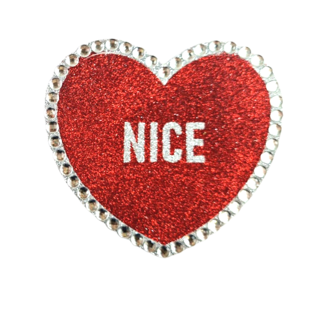 BOSS BABE - Glitter & Crystal Heart Shaped Nipple Pasties, Covers (2pcs) with Titles for Burlesque Raves Lingerie Carnival