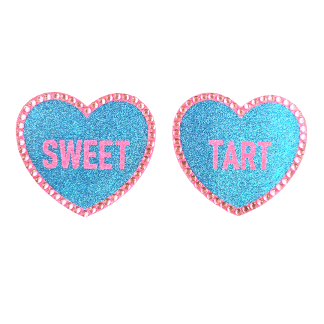 LABELS Glitter & Crystal Heart Shaped Nipple Pasties, Covers (2pcs) with Titles for Burlesque Raves Lingerie Carnival