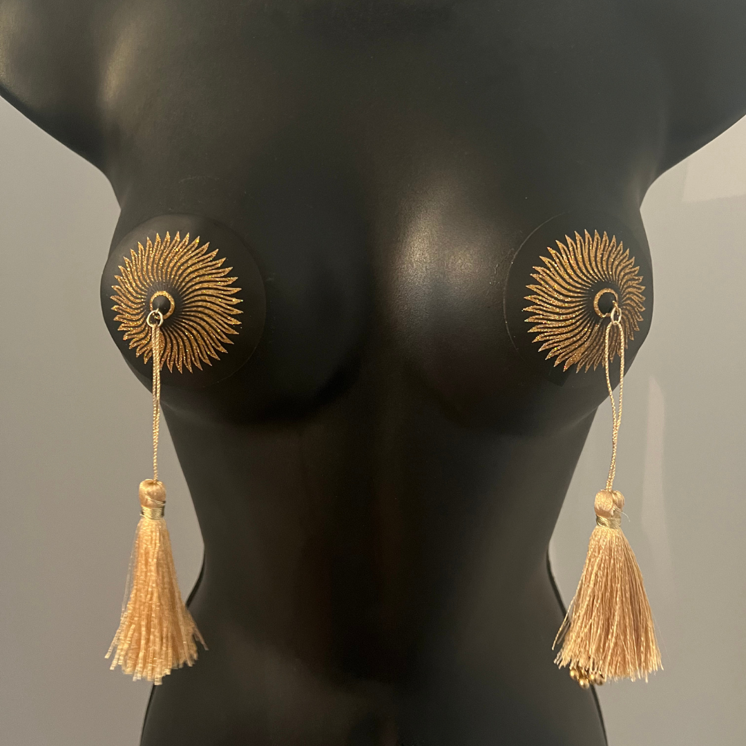 SUN GODDESS Glitter and Black Nipple Pasty, Cover (2pcs) with Gold Beaded Tassel Burlesque Lingerie Raves and Festivals