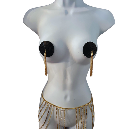 MIDNIGHT MIRAGE Pâte à tétons à paillettes noires, cache-tétons (2 pièces) avec pompons en chaîne dorée pour lingerie carnaval burlesque rave