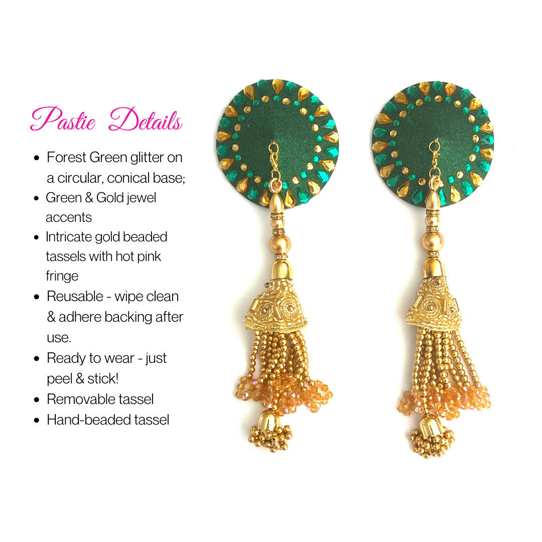 WILLOW Pasteles de pezón verde bosque y oro, cubiertas con perlas con cuentas a mano y borlas de gemas (2 piezas) Lencería burlesca Raves y festivales