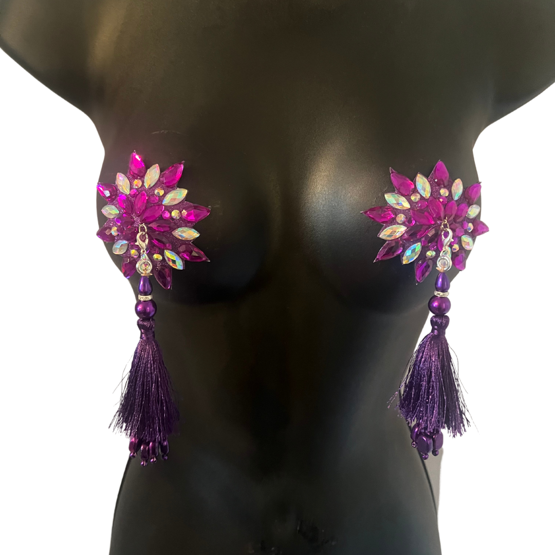 PURPLE REIGN Purple and Iridescent Star Gem Nipple Pasties, Pasty (2pcs) with Tassels