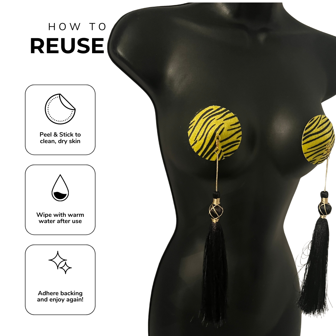 BORN TO Be WILD Yellow faux Fur, black stripe Nipple Pasty, Nipple Cover (2pcs) with Removable Tassels