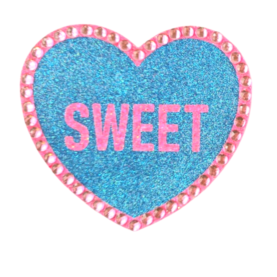 SWEET TART - Empanadillas para pezones en forma de corazón con purpurina y cristal, cubiertas (2 unidades) con títulos para carnaval de lencería Burlesque Raves