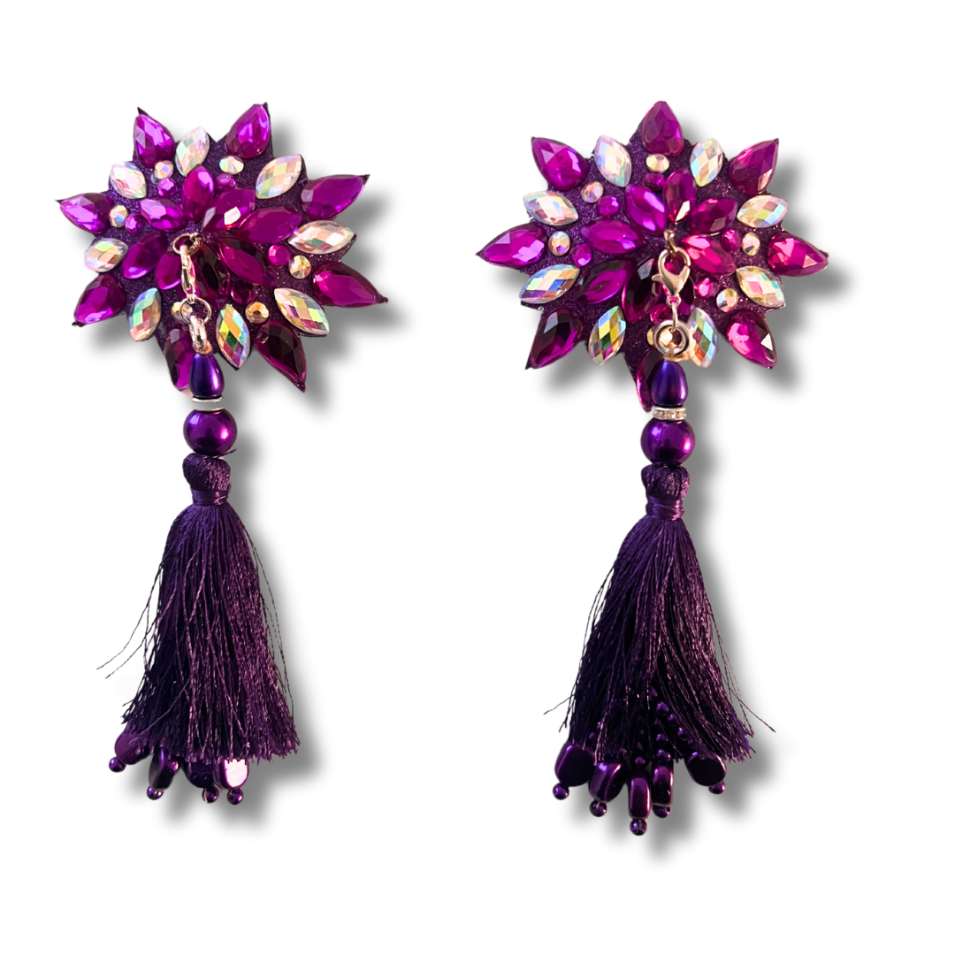 PURPLE REIGN Cache-tétons en forme d'étoile violette et irisée, pâteux (2 pièces) avec pompons