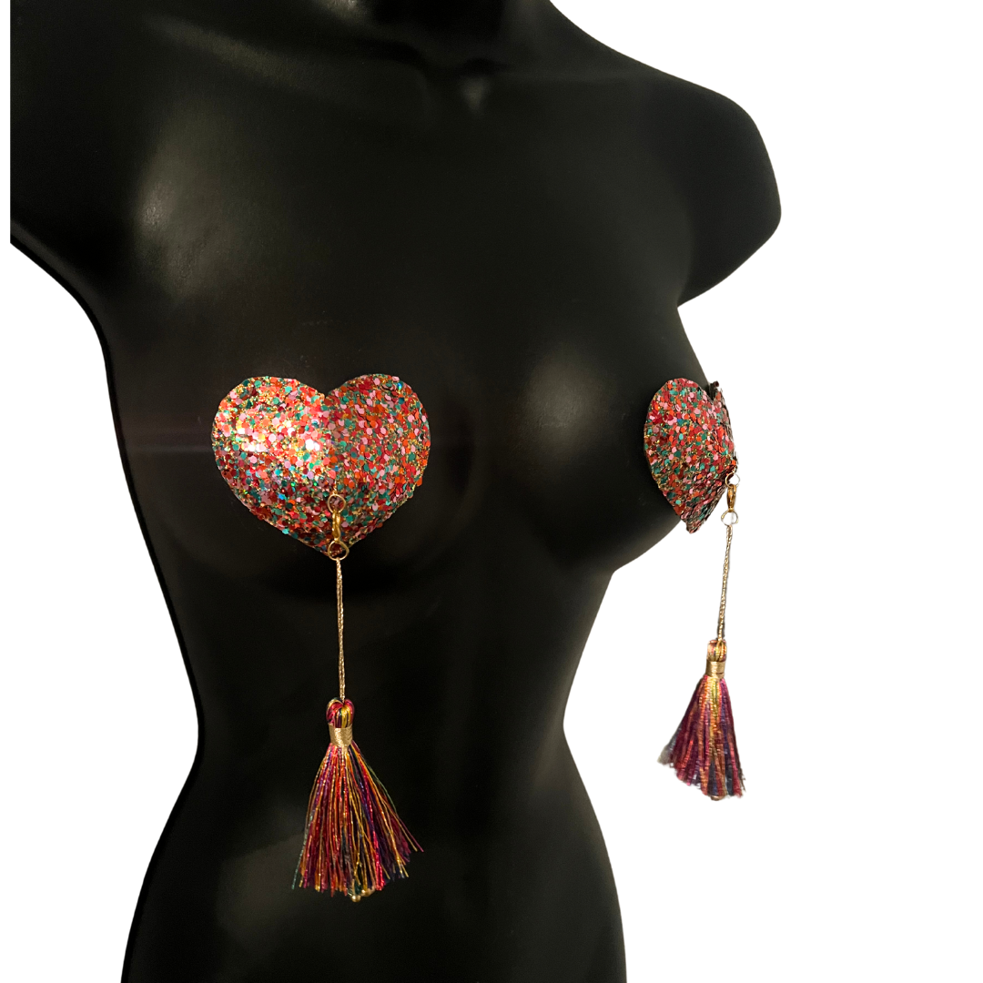 JUBILEE Multicoulor Glitter Circle or Heart Nipple Pasty, Nipple Cover (2pcs) with Removable Tassels