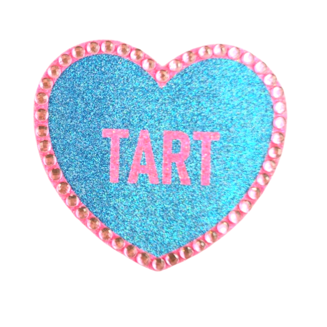 SWEET TART - Glitter & Crystal Heart Shaped Nipple Pasties, Covers (2pcs) with Titles for Burlesque Raves Lingerie Carnival