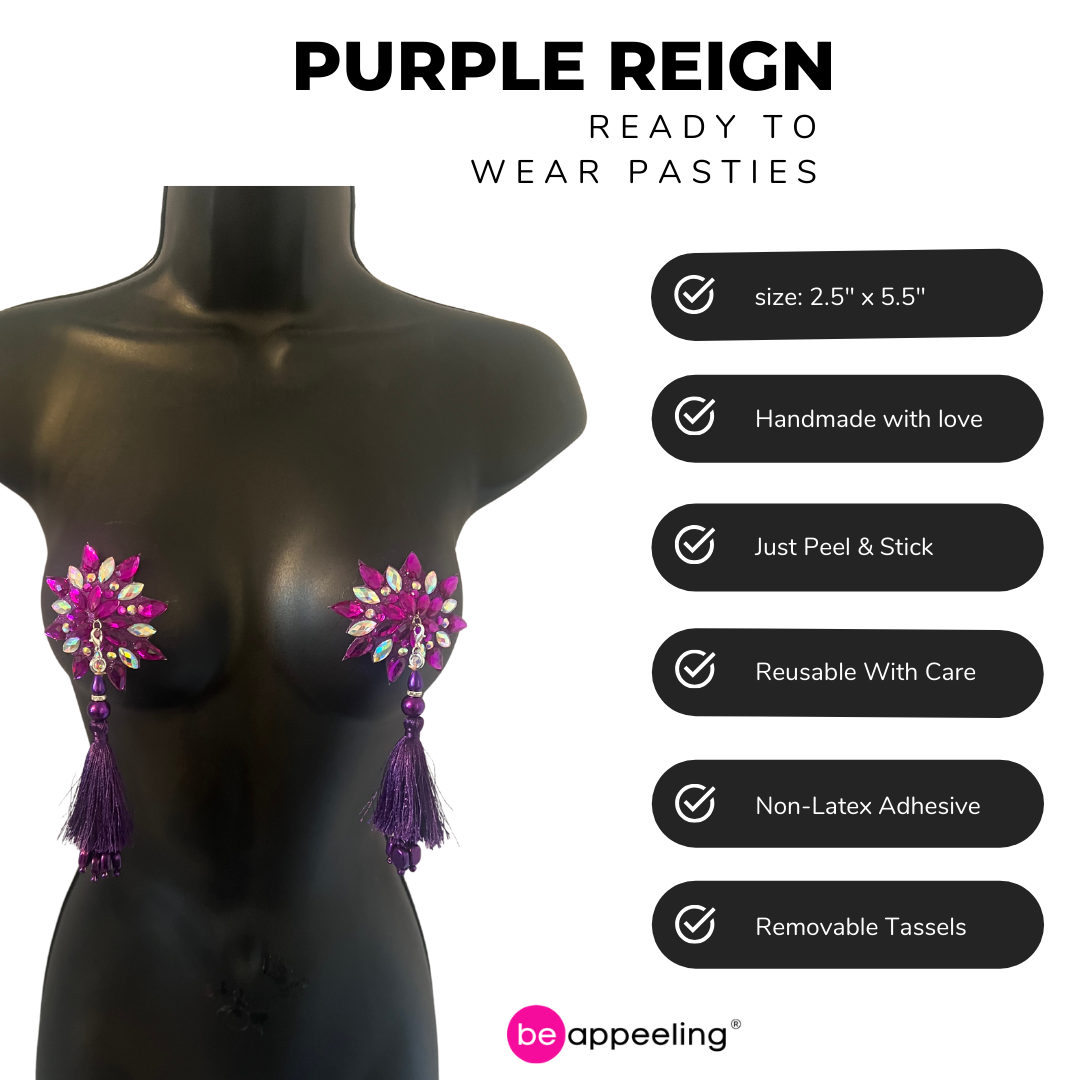 PURPLE REIGN Pastas para pezones con gemas de estrella moradas e iridiscentes, pastosas (2 piezas) con borlas