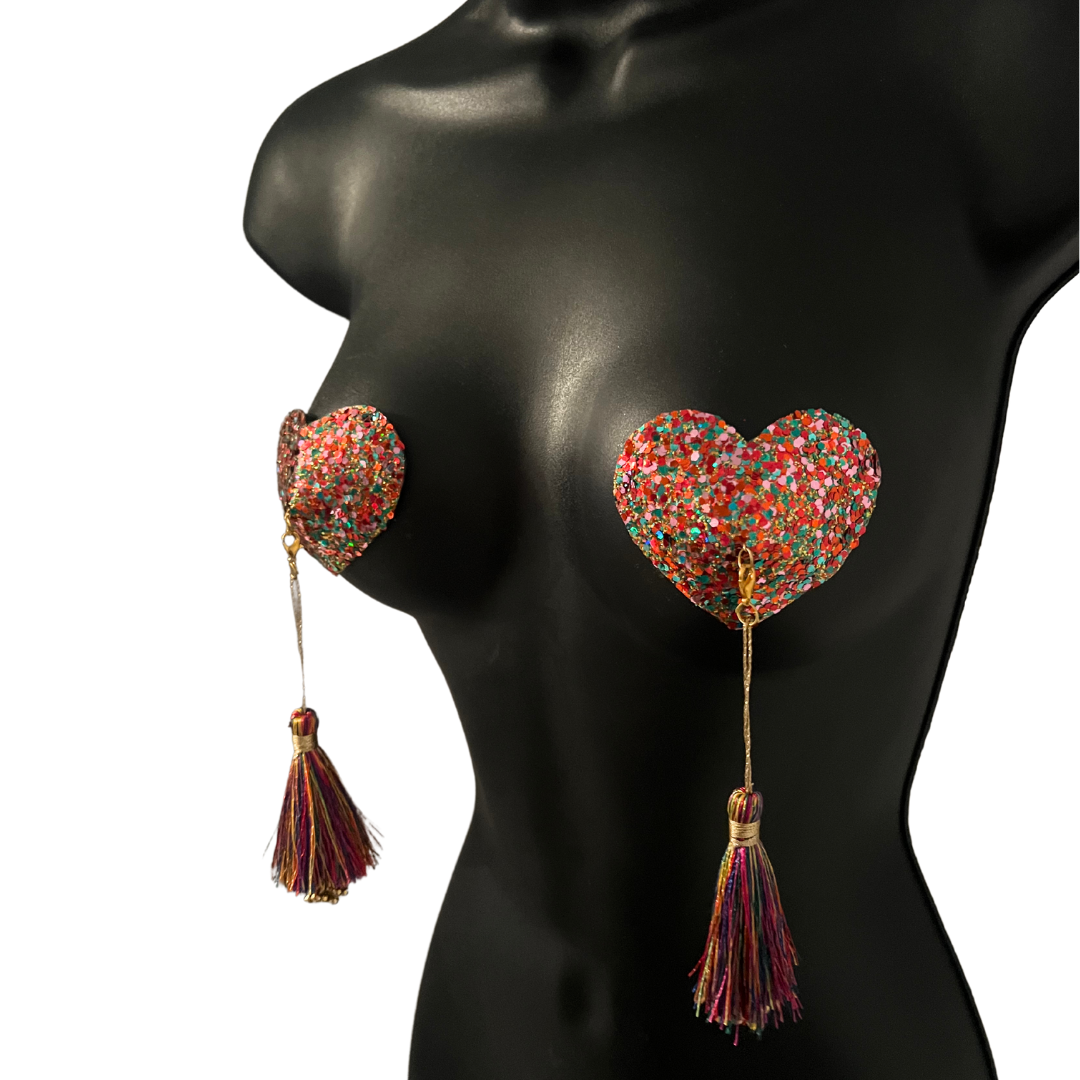 JUBILEE Multicoulor Glitter Circle or Heart Nipple Pasty, Nipple Cover (2pcs) with Removable Tassels