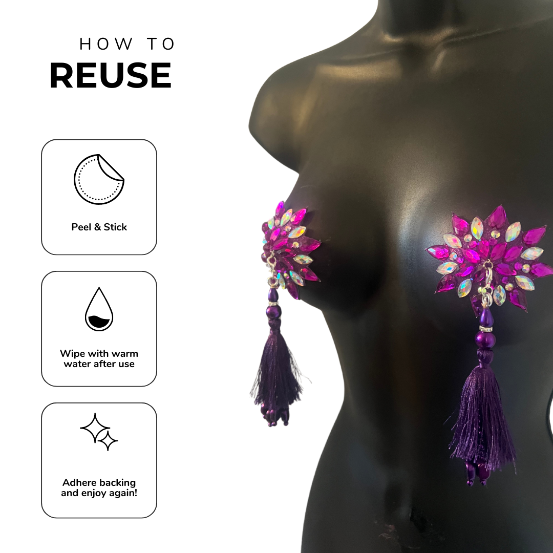 PURPLE REIGN Cache-tétons en forme d'étoile violette et irisée, pâteux (2 pièces) avec pompons