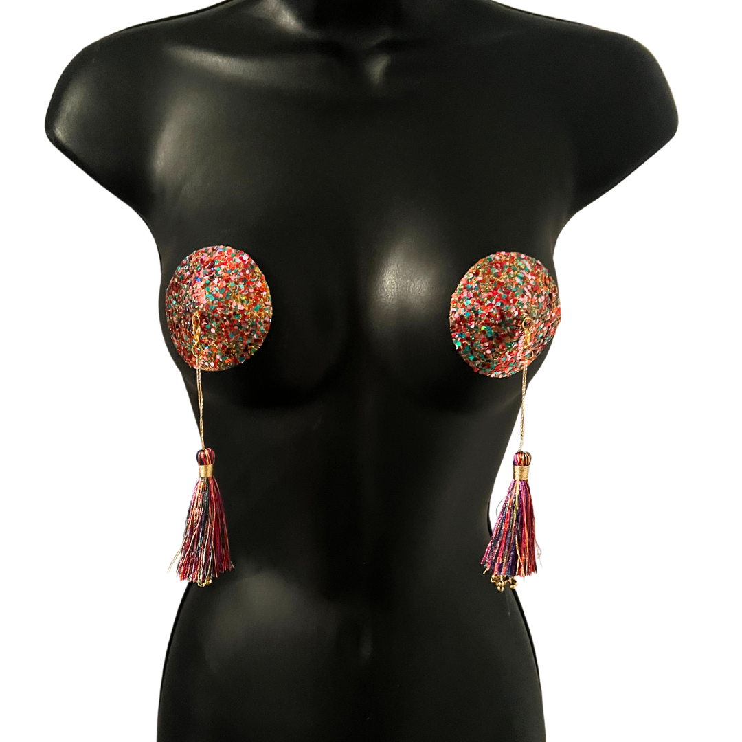 JUBILEE Multicoulor Glitter Circle or Heart Nipple Pasty, Nipple Cover (2pcs) with Removable Tassels