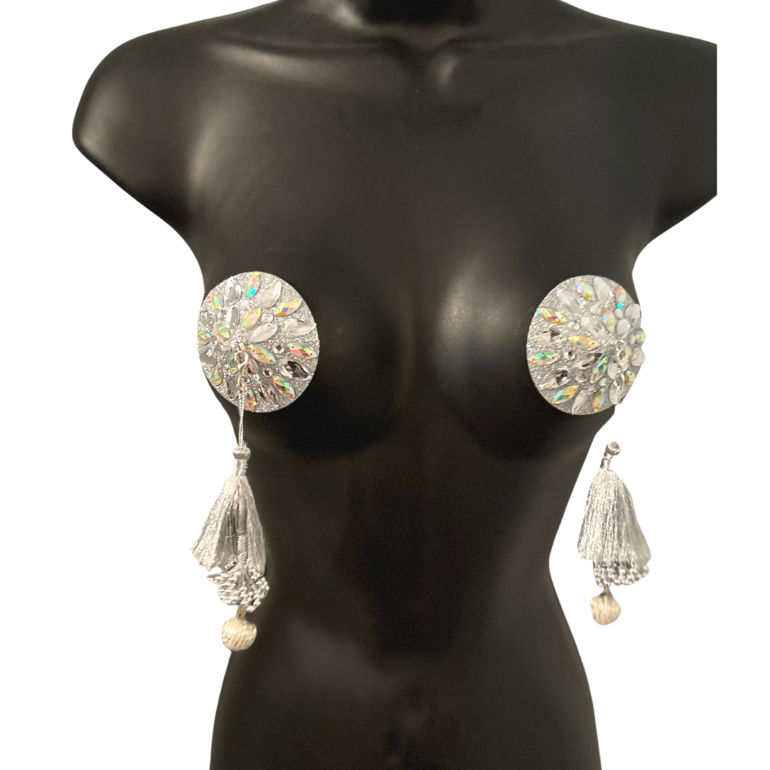 GIGI ROYALE Cache-tétons complexes à paillettes et cristaux - 5 couleurs disponibles - (2 pièces) avec pompons amovibles pour carnaval de lingerie burlesque Raves