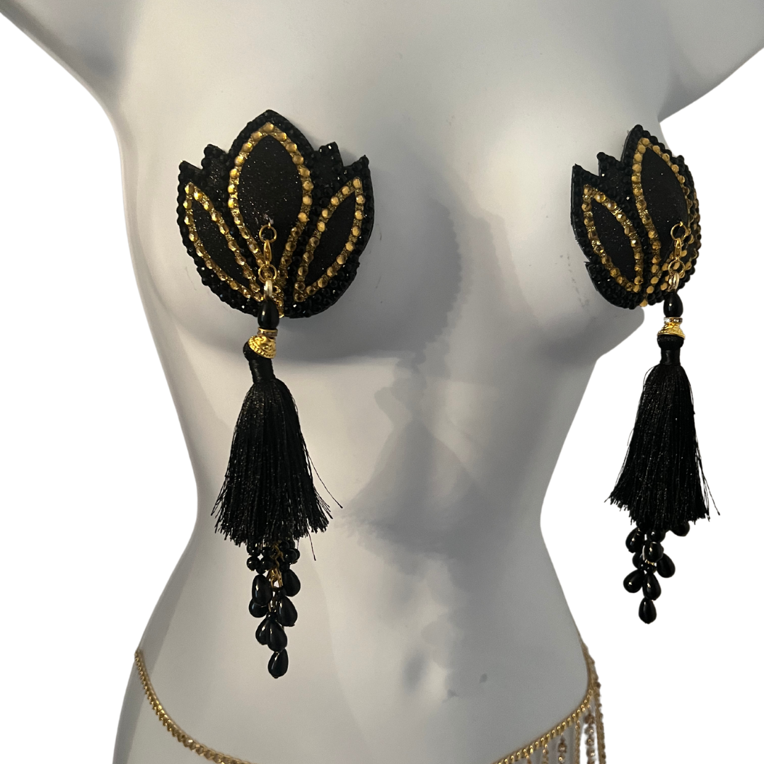 LOLITAS LUST Diseño de loto negro y dorado Glitter &amp; Gem, cubierta de pezón (2 piezas) Pasties con borlas extraíbles para lencería Carnaval Burlesque Rave