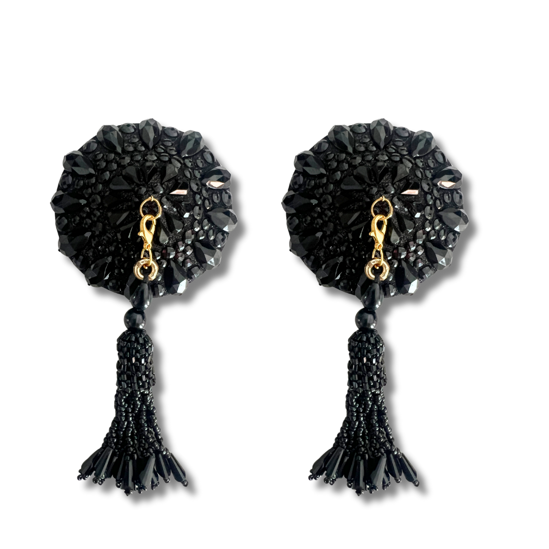 BLACK BEAUTY Glitter, Gem Design with Handbeaded Crystal Tassels Pasties Nipple Covers (2pcs)