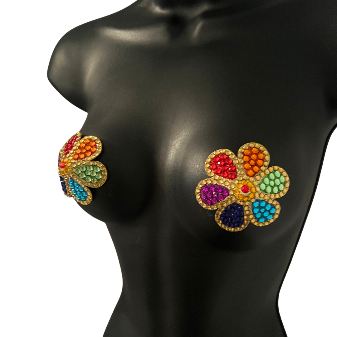 FLOWER POWER Rainbow and Gold Gem Flower Nipple Pasties, Pasty (2pcs)