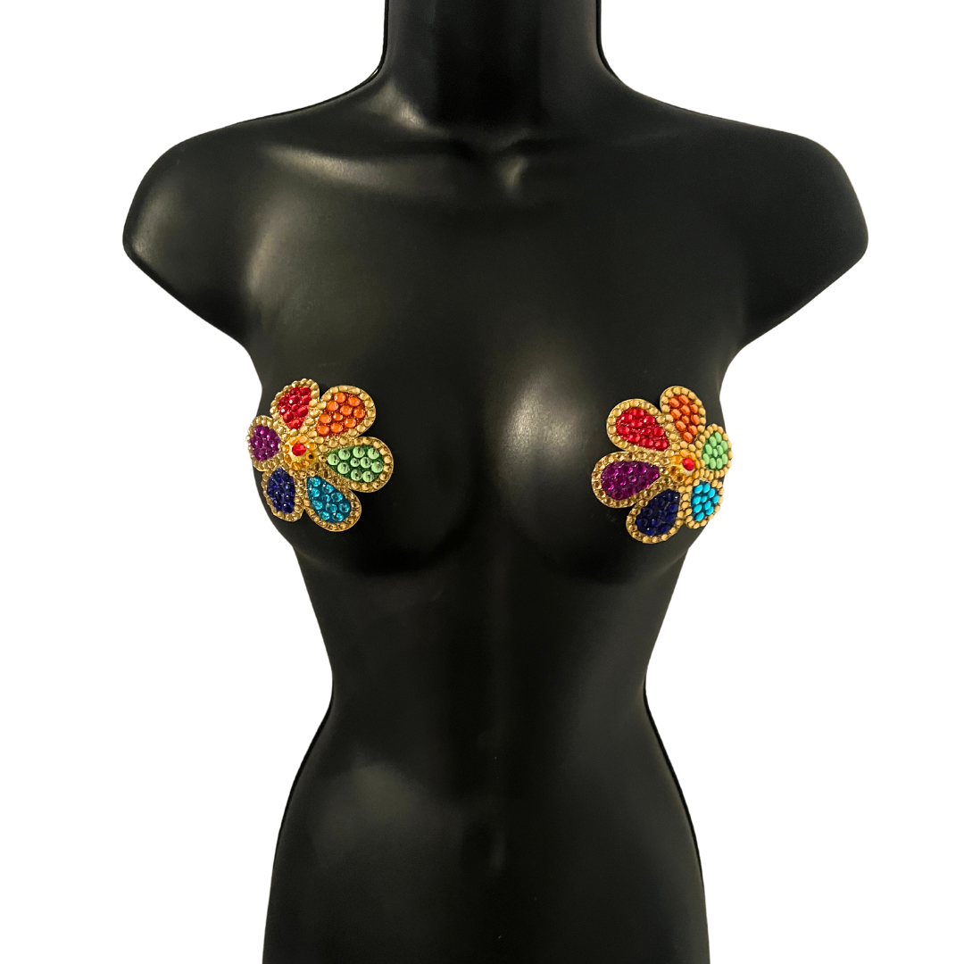 FLOWER POWER Rainbow and Gold Gem Flower Nipple Pasties, Pasty (2pcs) for Burlesque Pride Festivals Lingerie and More