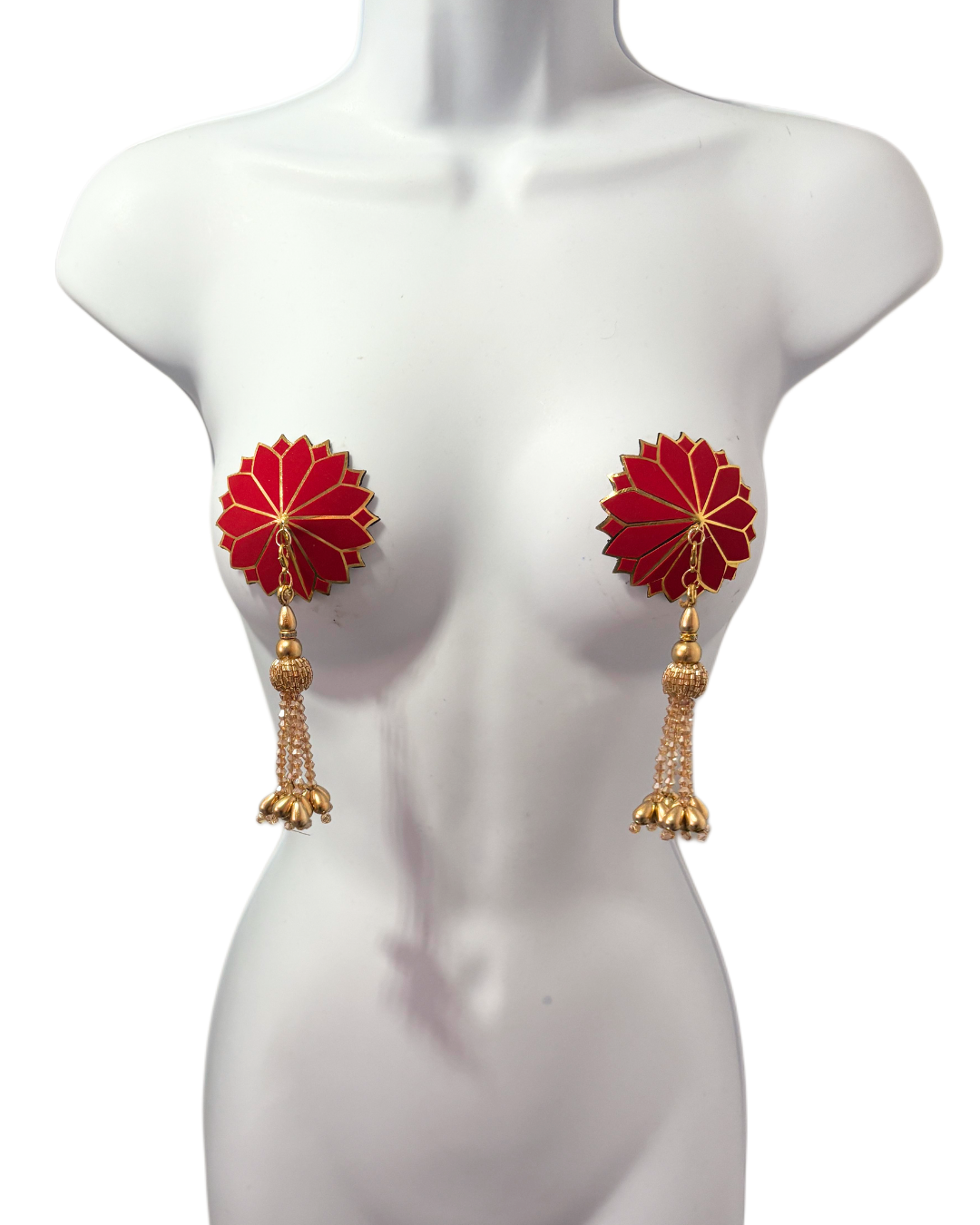 DITA VON TEESE Deco Dame (Red & Gold) Velvet and Gold Pasties With Removable Hand-Beaded Tassels (2pcs)