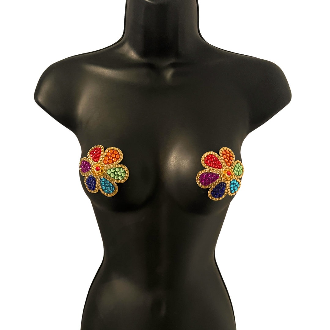 FLOWER POWER Rainbow and Gold Gem Flower Nipple Pasties, Pasty (2pcs)