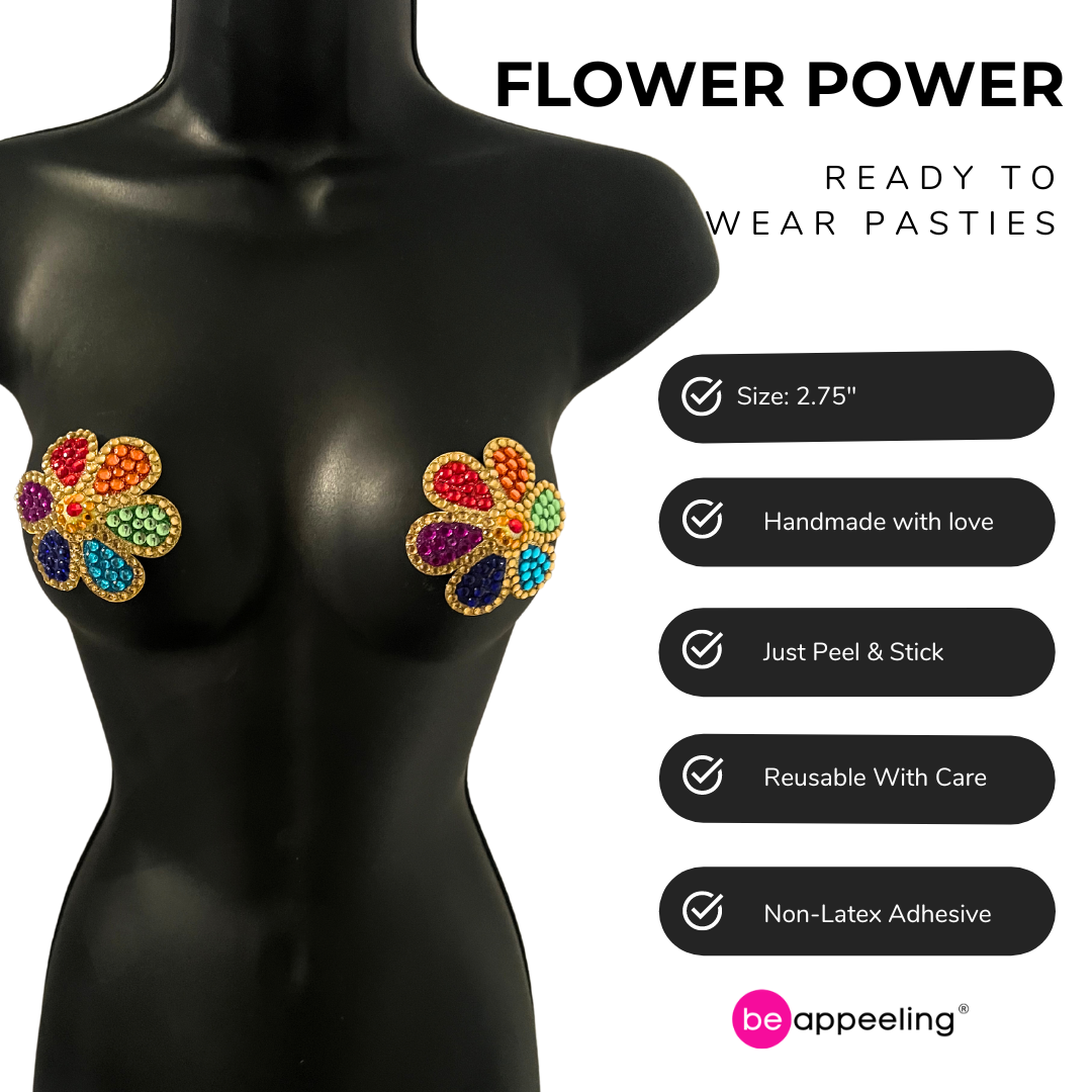 FLOWER POWER Rainbow and Gold Gem Flower Nipple Pasties, Pasty (2pcs)