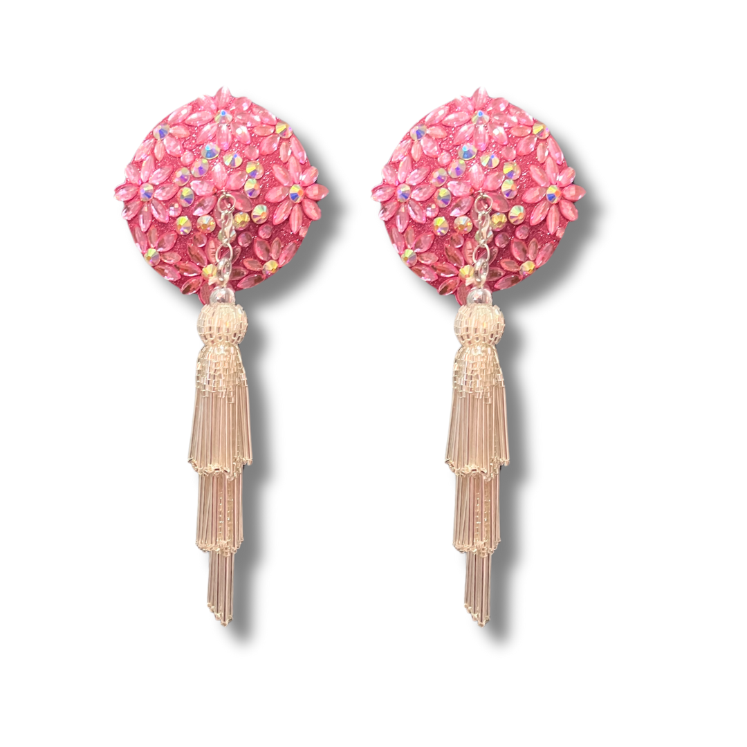 FLORAL FANTASY Pink Gems and AB Gems Nipple Pasty, Covers (2pcs) with Hand beaded Beaded Removable Chandelier Tassels