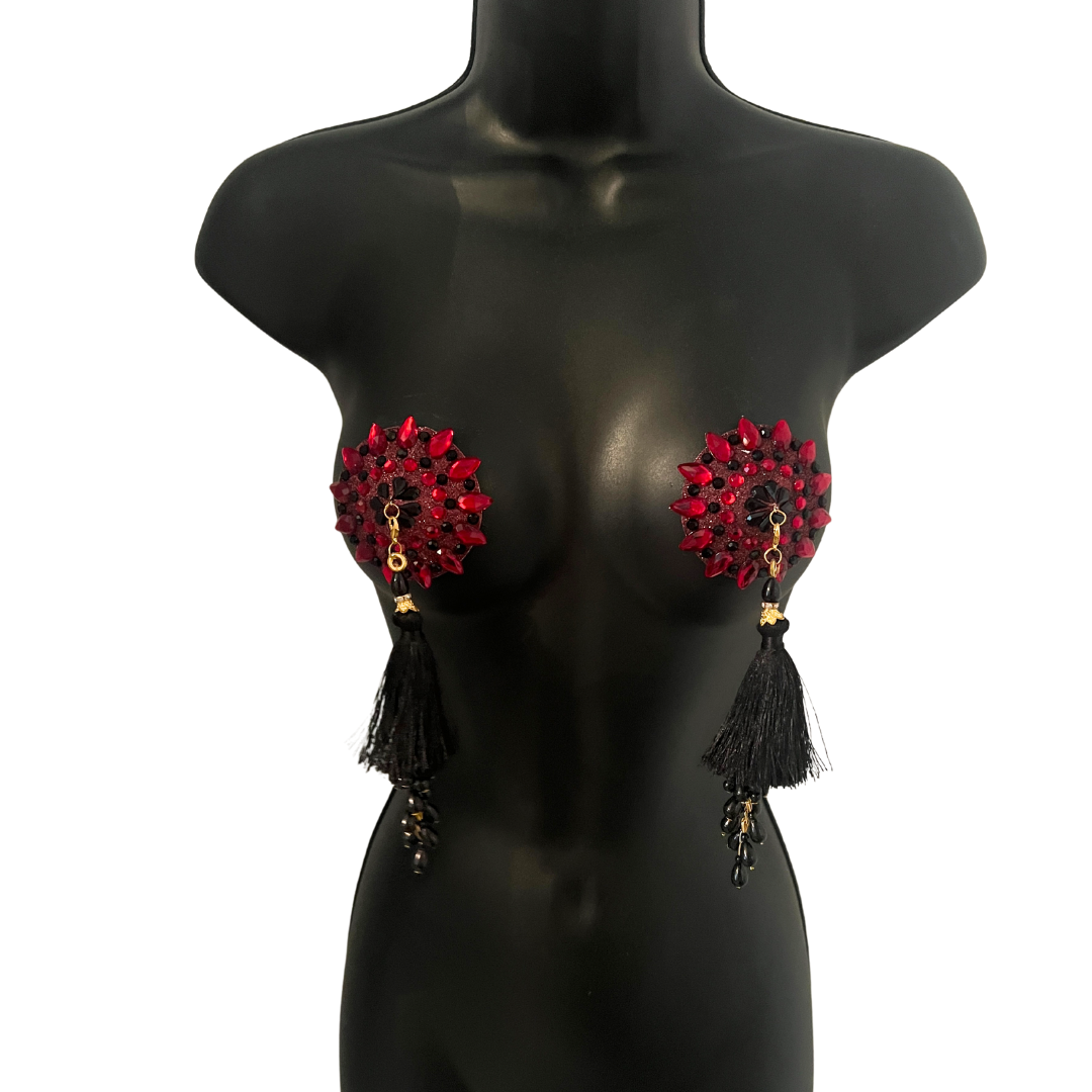 POUSSÉ CAFÉ Cherry Red and Black Crystal Nipple Pasty, Nipple Cover (2pcs) with Beaded Tassels