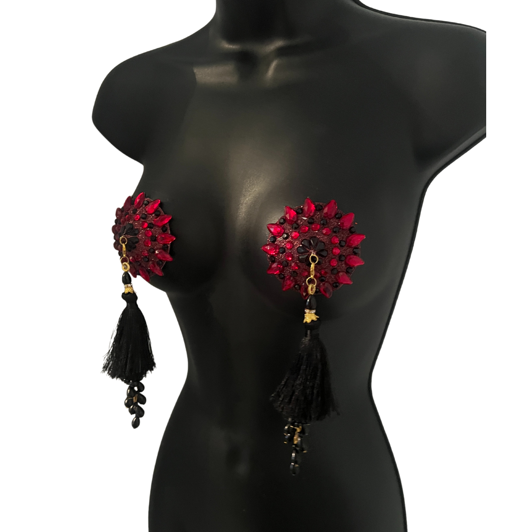 POUSSÉ CAFÉ Cherry Red and Black Crystal Nipple Pasty, Nipple Cover (2pcs) with Beaded Tassels