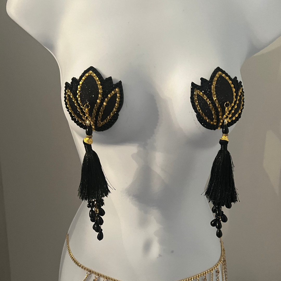 Gold Chain Black Faux Leather Burlesque Pastie Nippie Covers