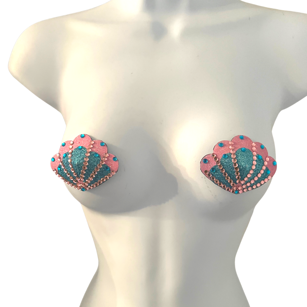 MALIBU MERMAID Shell Pink and Blue Mermaid Nipple Pasties Covers (2pcs) for Burlesque, Rave Lingerie and Festivals
