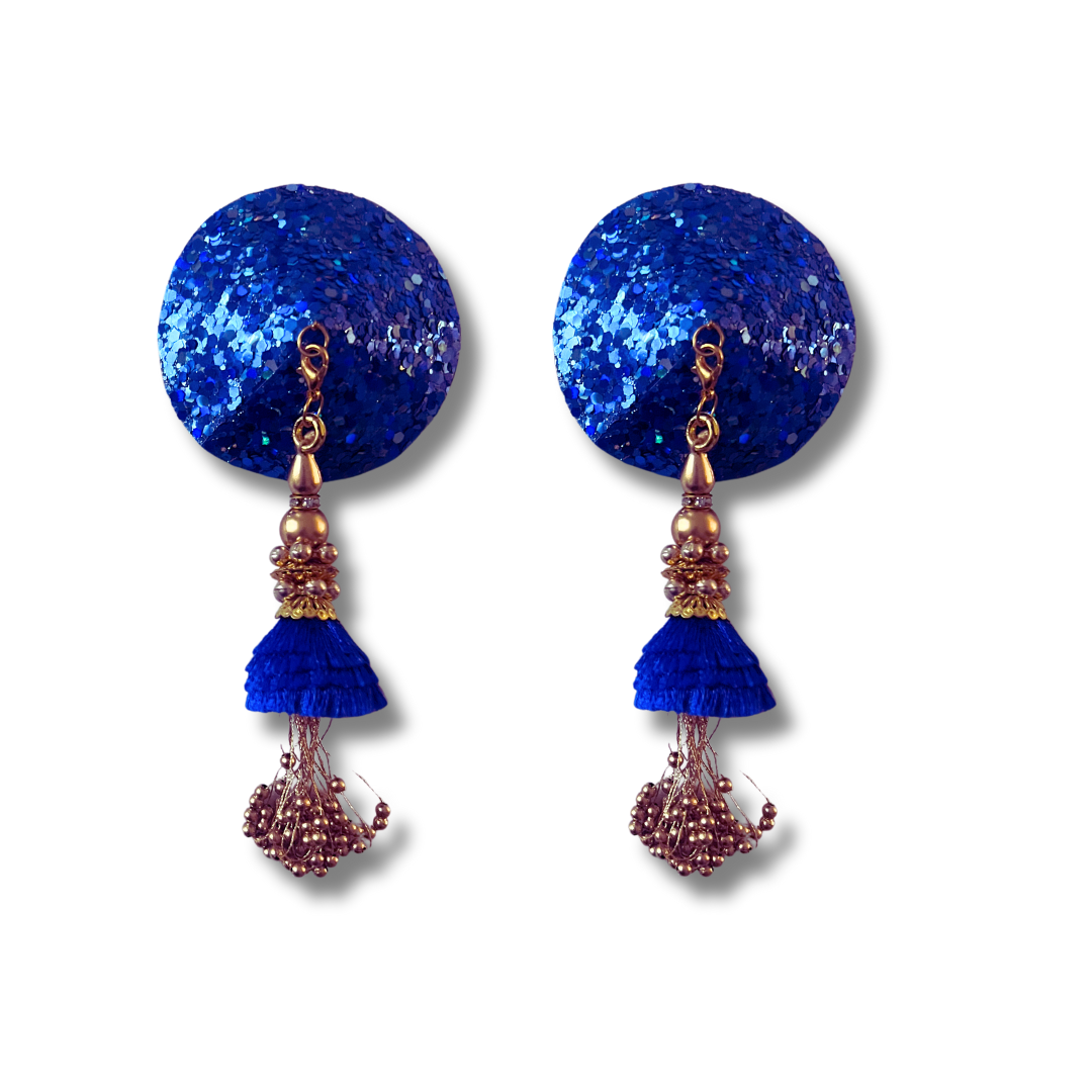 SAPPHIRE Blue Glitter Pezones Pasties, Pasty (2pcs) con borlas extraíbles (2pcs) Lencería burlesca Raves y festivales