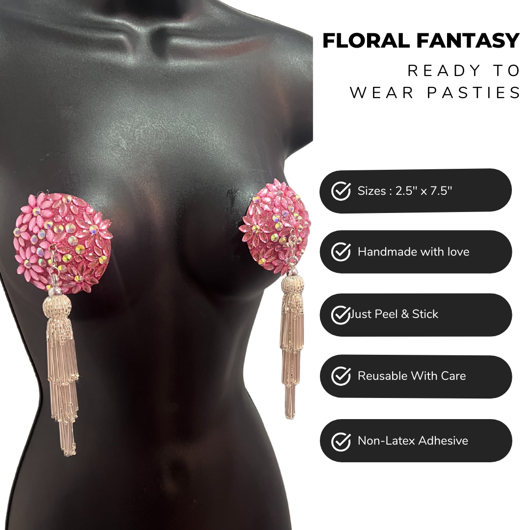 FLORAL FANTASY Pink Gems and AB Gems Nipple Pasty, Covers (2pcs) with Hand beaded Beaded Removable Chandelier Tassels