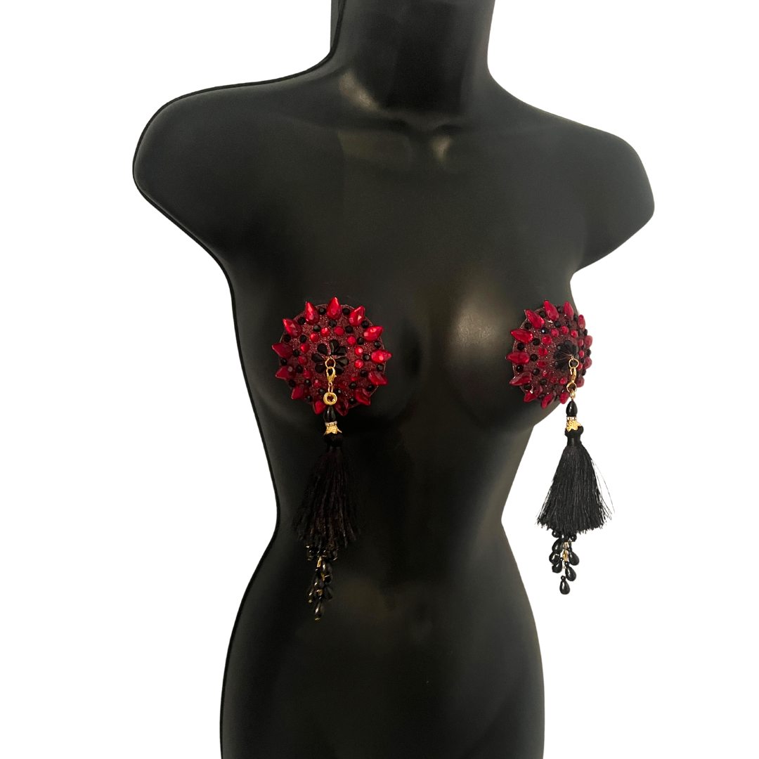 POUSSÉ CAFÉ Cherry Red and Black Crystal Nipple Pasty, Nipple Cover (2pcs) with Beaded Tassels