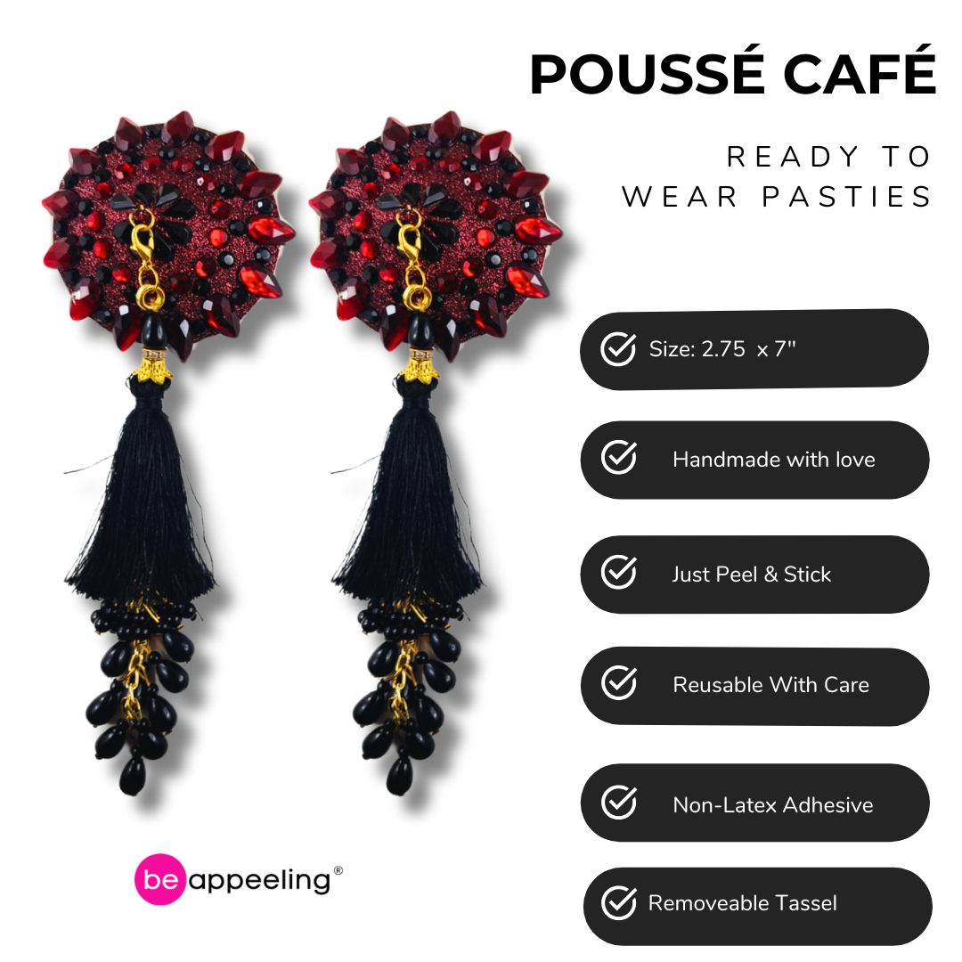 POUSSÉ CAFÉ Cherry Red and Black Crystal Nipple Pasty, Nipple Cover (2pcs) with Beaded Tassels