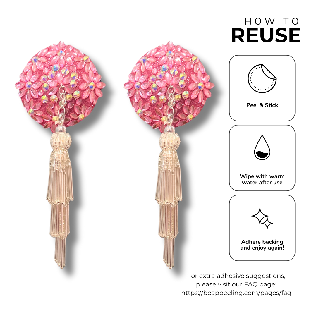 FLORAL FANTASY Pink Gems and AB Gems Nipple Pasty, Covers (2pcs) with Hand beaded Beaded Removable Chandelier Tassels