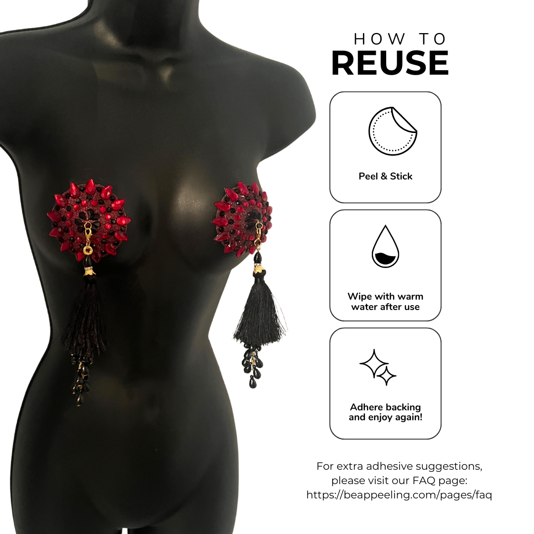 POUSSÉ CAFÉ Cherry Red and Black Crystal Nipple Pasty, Nipple Cover (2pcs) with Beaded Tassels