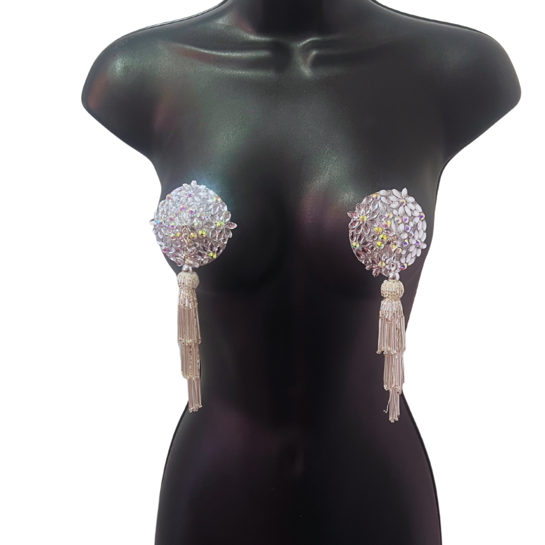 FLORAL FANTASY Pink Gems and AB Gems Nipple Pasty, Covers (2pcs) with Hand beaded Beaded Removable Chandelier Tassels