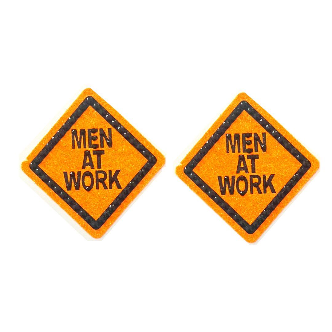 MEN AT WORK Construction Theme Nipple Pasties, Covers (2pcs) for Lingerie, Body Art, Halloween, Burlesque, Festivals