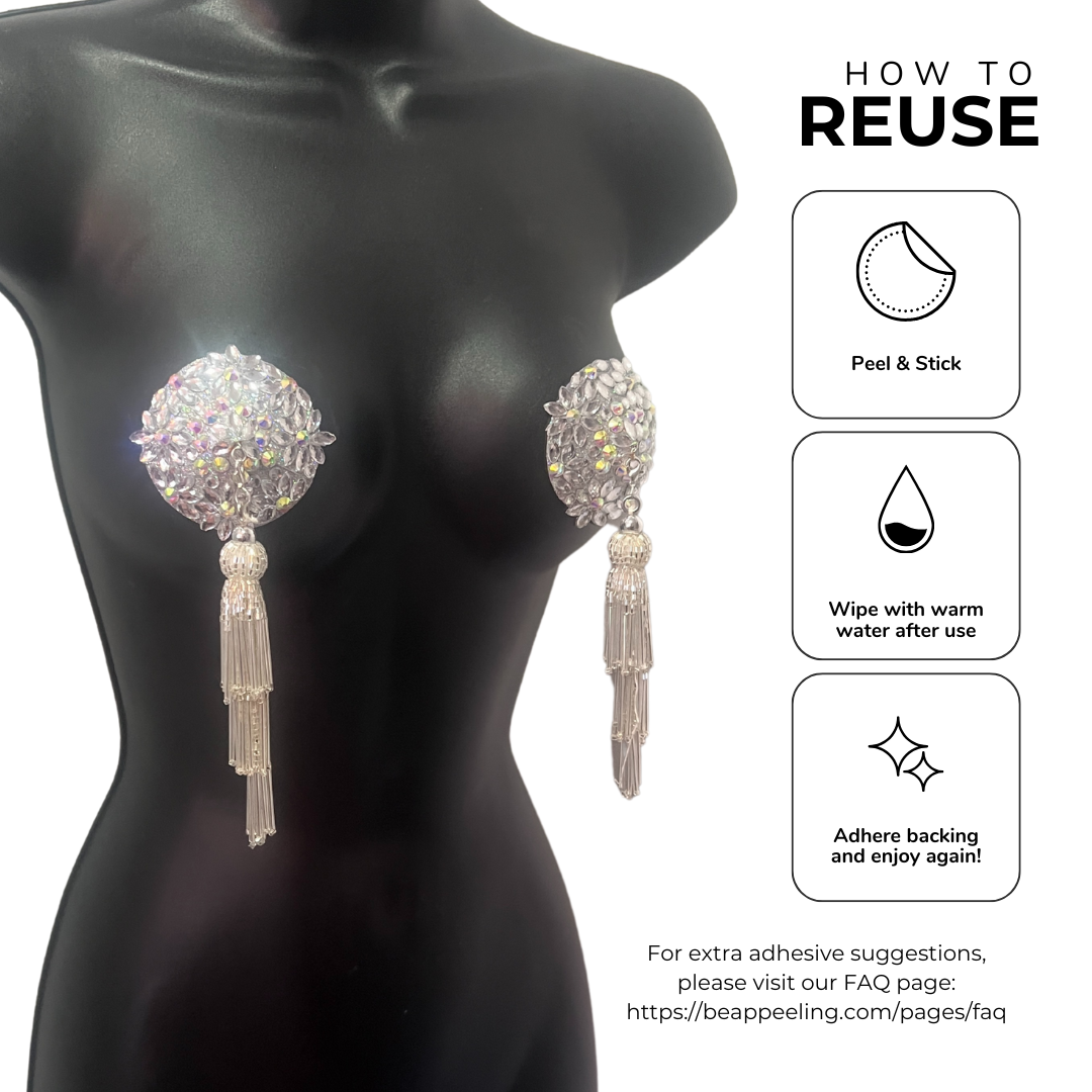 FLORAL FANTASY Silver Gems and AB Gems Nipple Pasty, Covers (2pcs) with Hand beaded Beaded Removable Chandelier Tassels