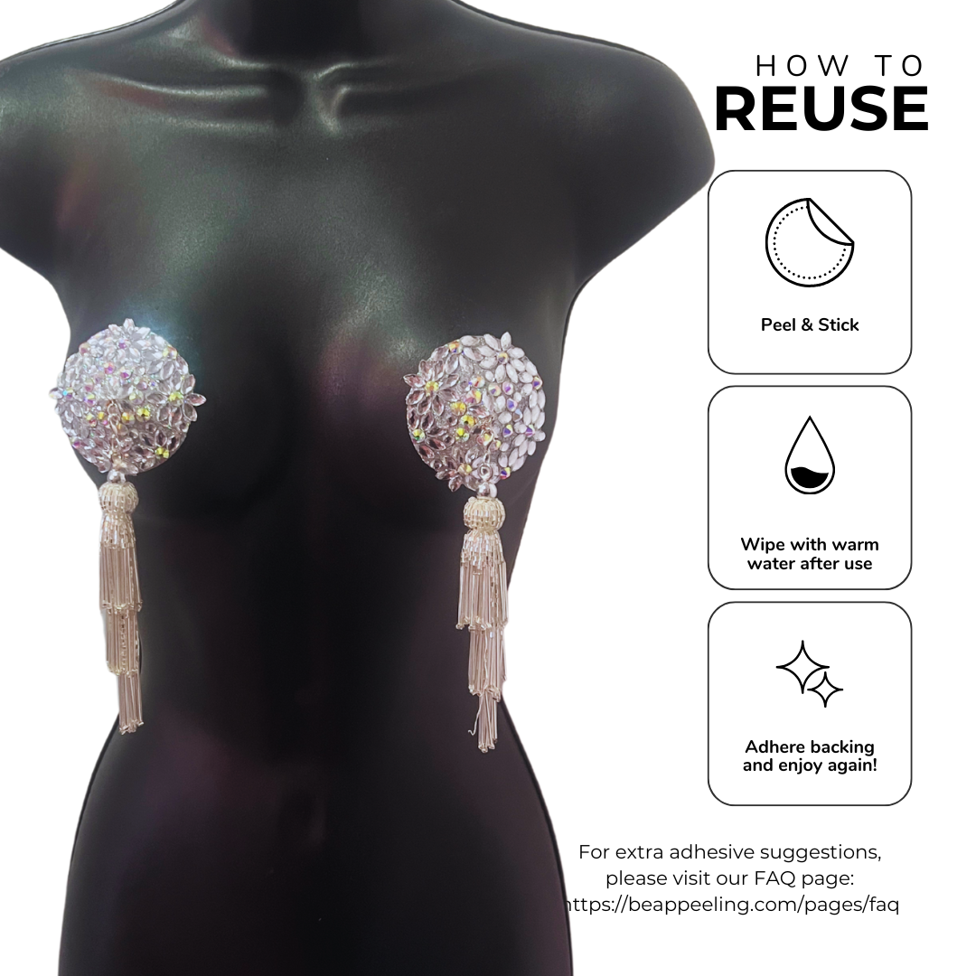 FLORAL FANTASY Silver Gems and AB Gems Nipple Pasty, Covers (2pcs) with Hand beaded Beaded Removable Chandelier Tassels