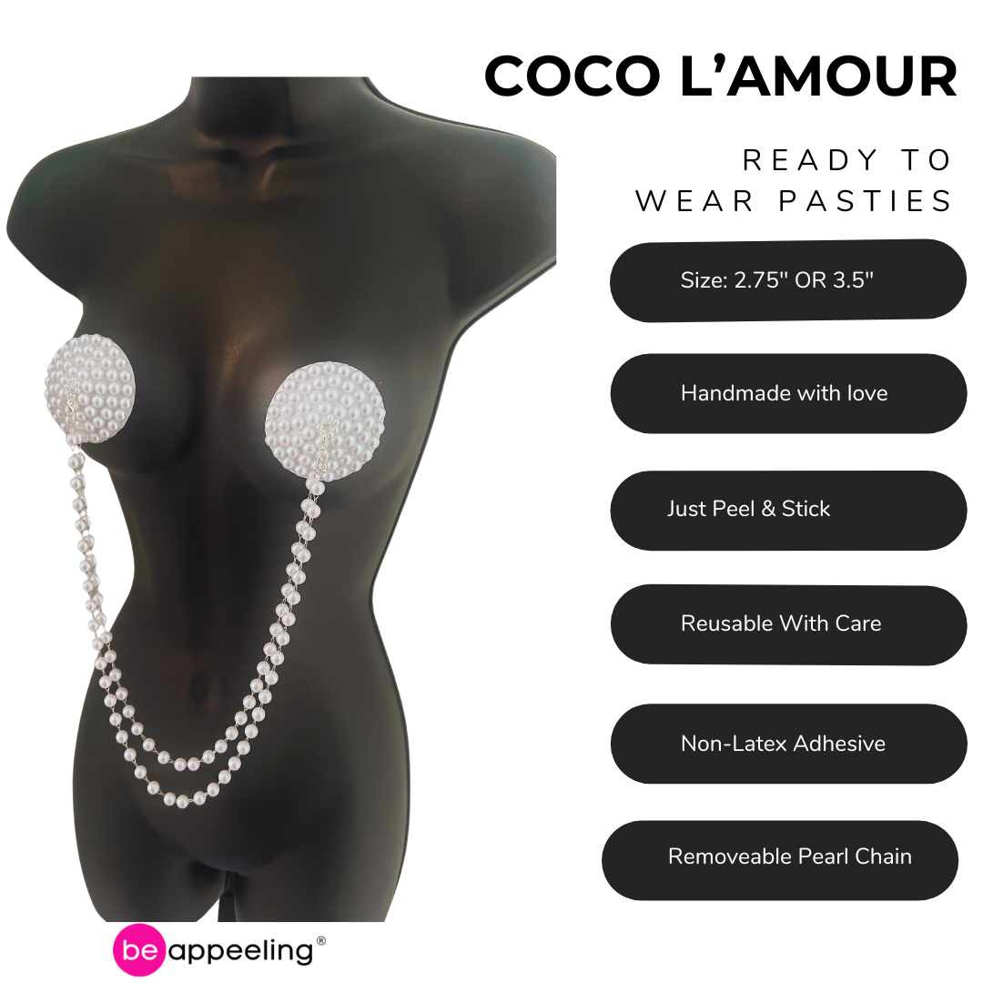 COCO L'AMOUR White Pearl Nipple Pasties, Covers (3 PCS) with Removable Pearl Chain