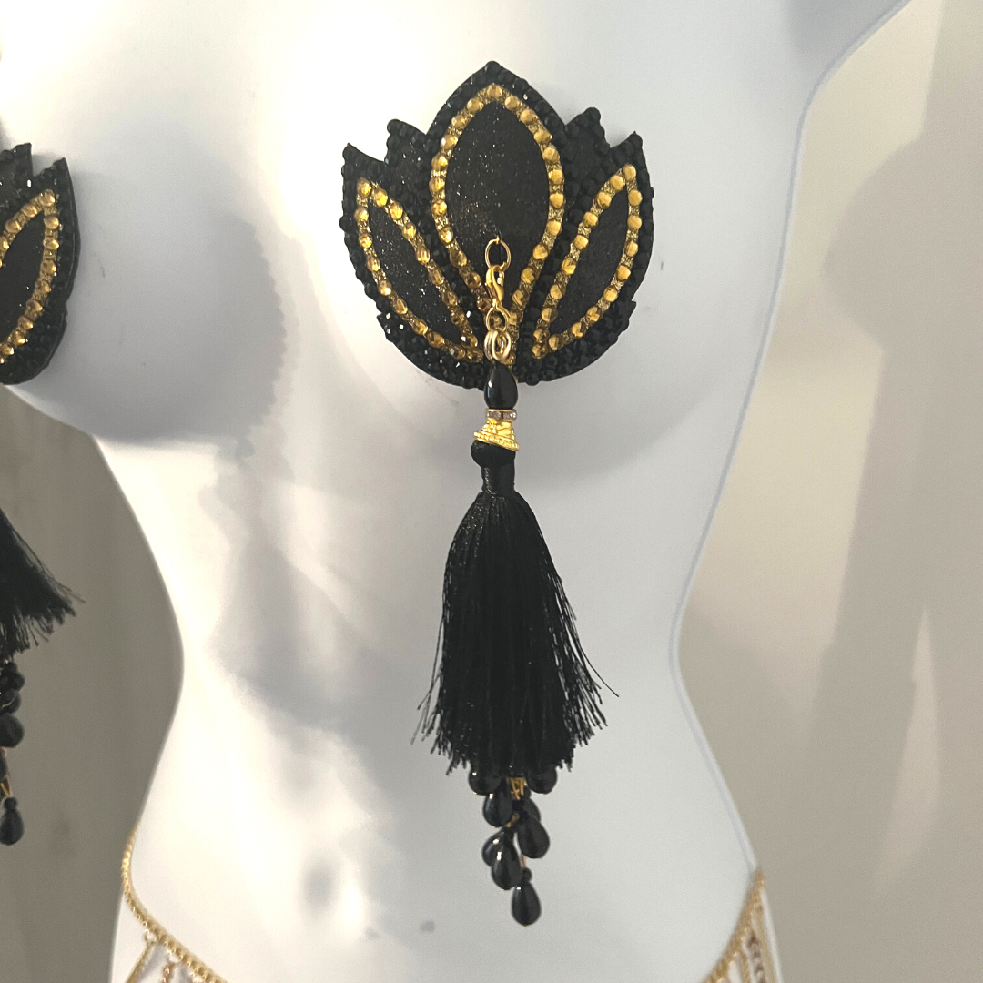 LOLITAS LUST Diseño de loto negro y dorado Glitter &amp; Gem, cubierta de pezón (2 piezas) Pasties con borlas extraíbles para lencería Carnaval Burlesque Rave