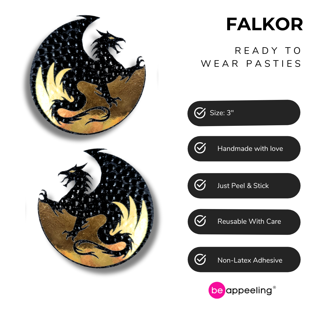 FALKORE Dragon Nipple Pasties, Covers (2pcs) in Gold Foil, Black Glitter and Gems