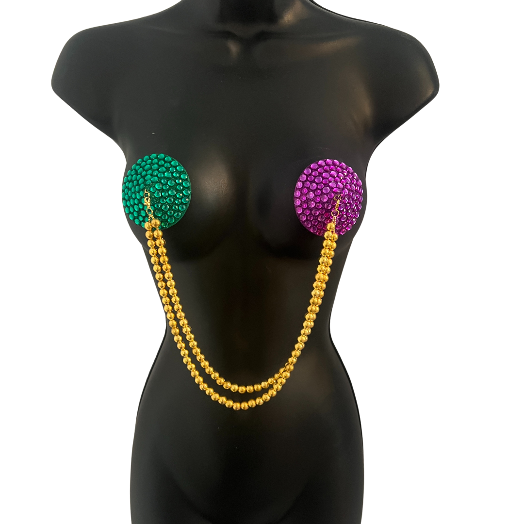 BOURBON BEADS Mardi Gras Themed Purple and Green Nipple Pasties Covers (2pcs) with Removable Gold Beads Tassels