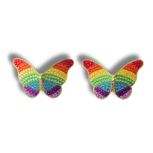 RAINBOW BRIGHT - Cubiertas para pezones de mariposa con purpurina y gemas (2 piezas) para lencería y festivales Burlesque, Rave Pride