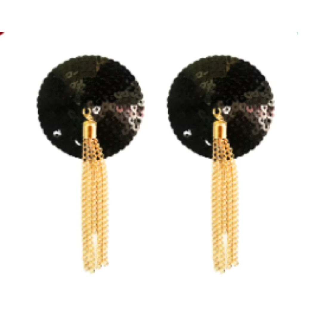 MIDNIGHT MIRAGE Black Sequin Nipple Pasty, Nipple Cover (2pcs) with Gold Chain Tassels for Lingerie Carnival Burlesque Rave