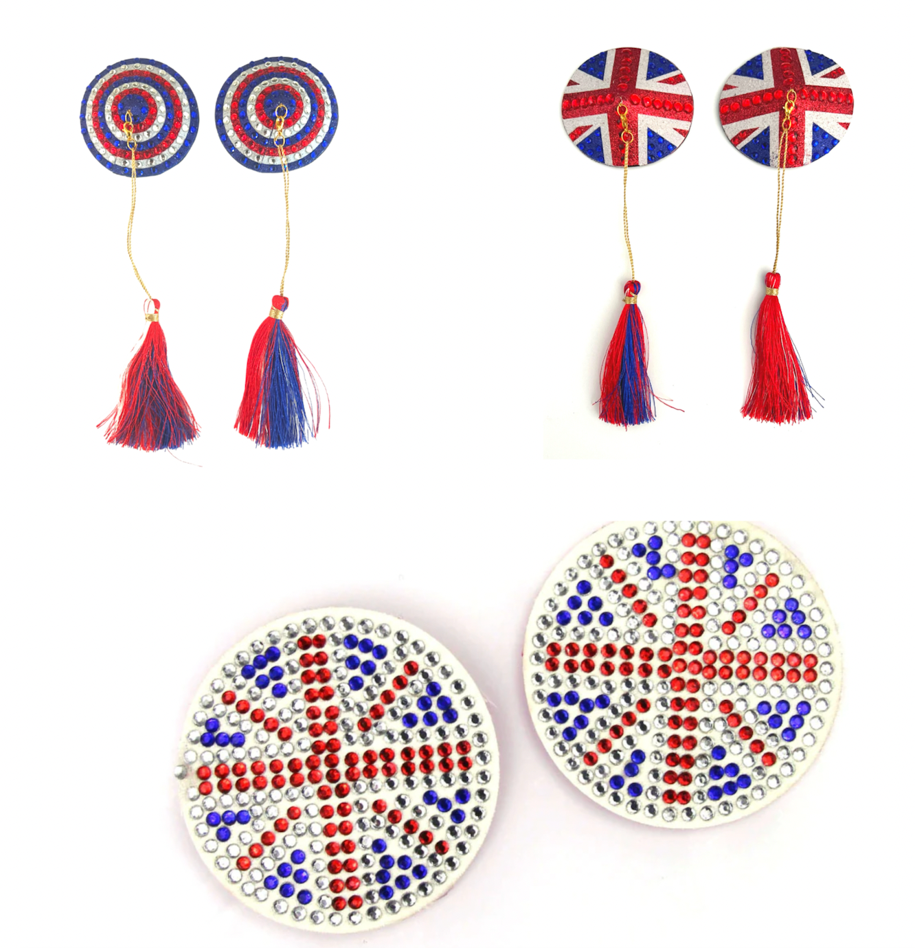 Paquete Brit Box (3 pares, 6 piezas) Pezones para pezones inspirados en Union Jack, fundas para lencería, festivales del orgullo burlesco y más – OFERTA