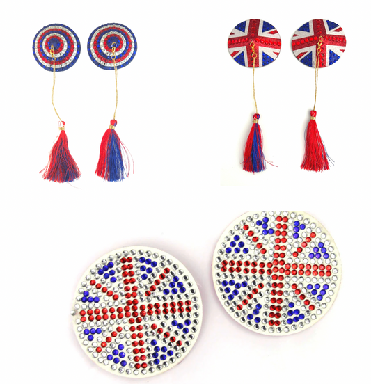 Brit Box Bundle (3 pairs, 6 pcs) Union Jack inspired Nipple Pasty, Covers for Lingerie, Burlesque Pride Festivals and more