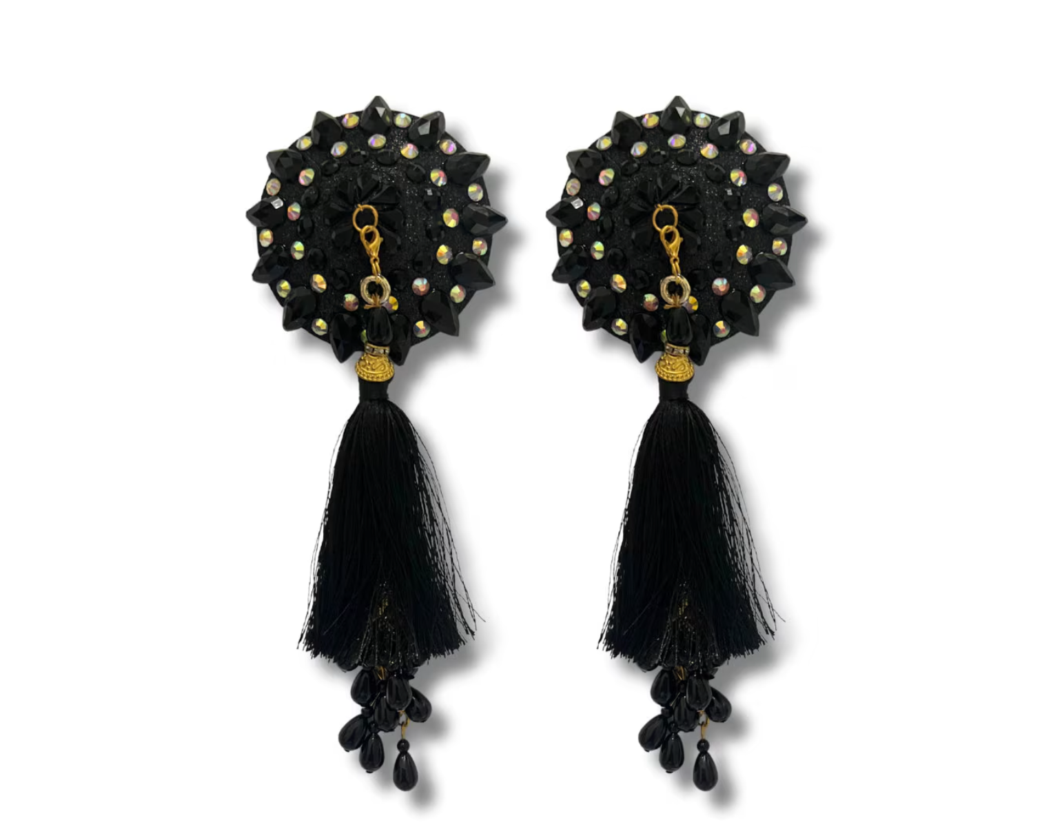 POUSSÉ CAFÉ Cherry Red and Black Crystal Nipple Pasty, Nipple Cover (2pcs) with Beaded Tassels