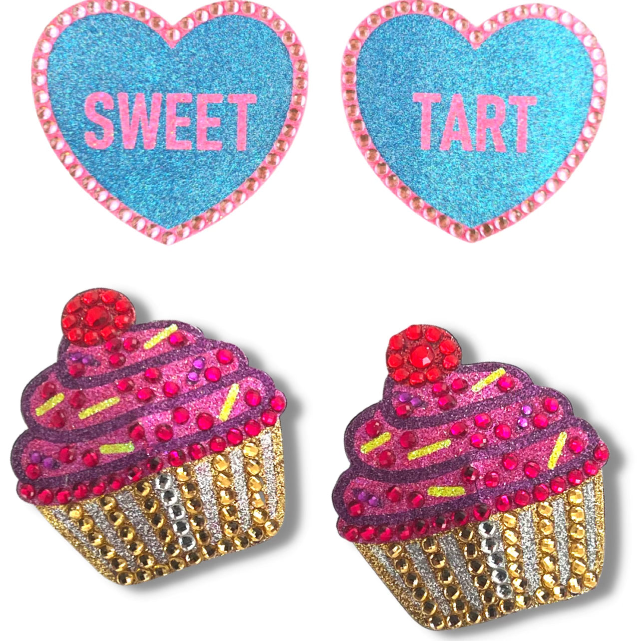 Sweet & Sassy 2 Pairs Cupcake and Hearts Nipple Pastie Bunde (4 pcs) for Lingerie Burlesque Valentines Day Festivals Birthday